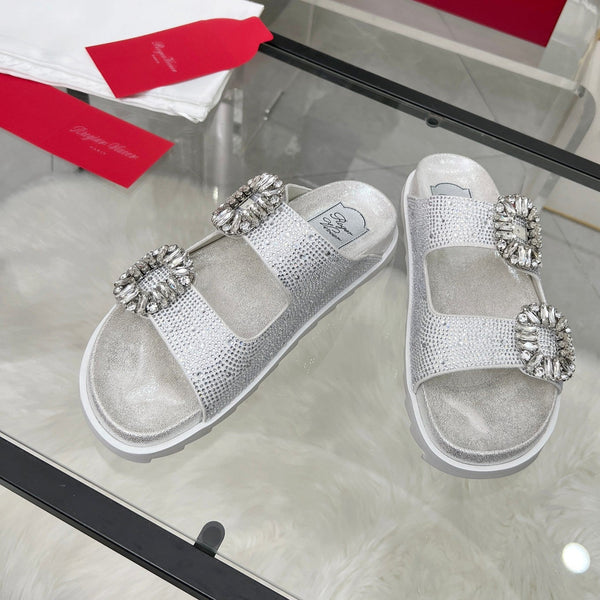 Viv 25 Slidy Diamond Slippers Silver PVC Silk Cowhide 259288