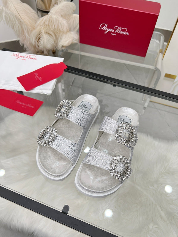 Viv 25 Slidy Diamond Slippers Silver PVC Silk Cowhide 259288