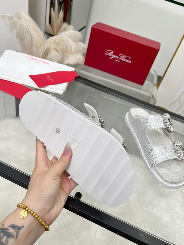 Viv 25 Slidy Diamond Slippers Silver PVC Silk Cowhide 259288