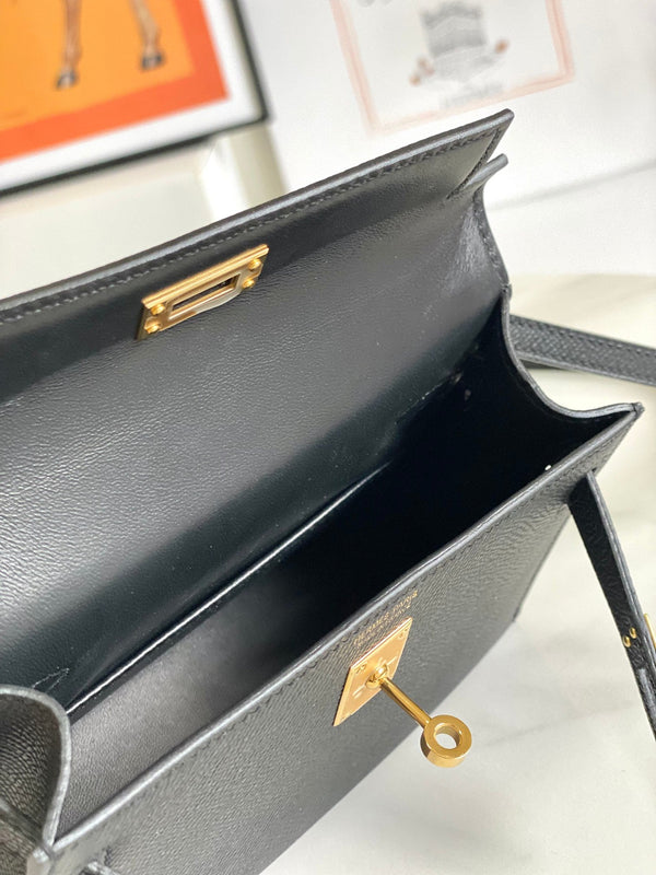 HM Mini Kelly 19 cm Nero Epsom Oro Hardware