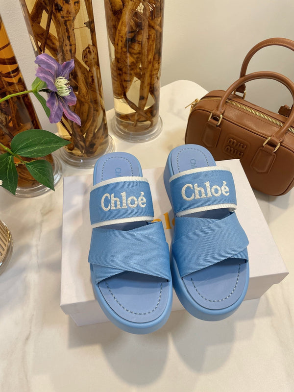 CHLOÉ WOODY WEDGE SANDALS IN CERULEAN BLUE CANVAS WITH RUBBER SOLE