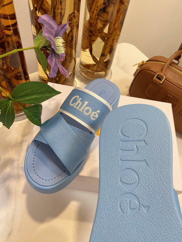 CHLOÉ WOODY WEDGE SANDALS IN CERULEAN BLUE CANVAS WITH RUBBER SOLE