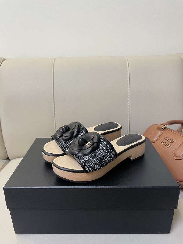 cc mule sandal 45 black white fabric beige calfskin