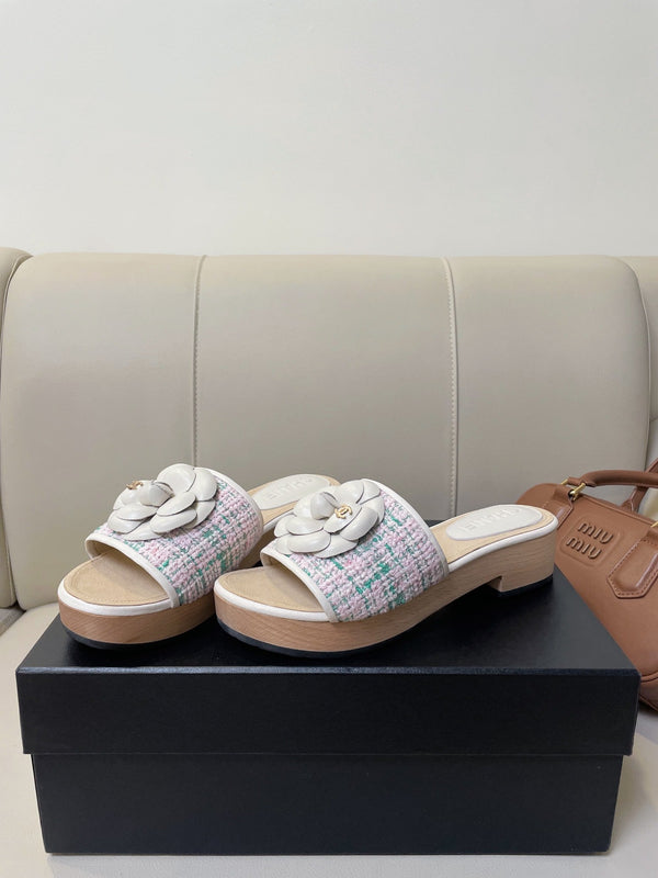 cc mule sandal 45 pink blue fabric beige calfskin