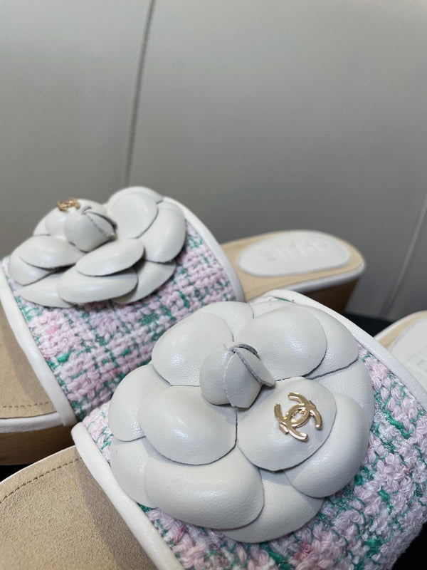 cc mule sandal 45 pink blue fabric beige calfskin