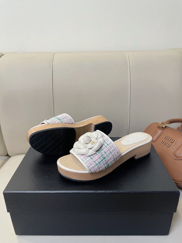 cc mule sandal 45 pink blue fabric beige calfskin