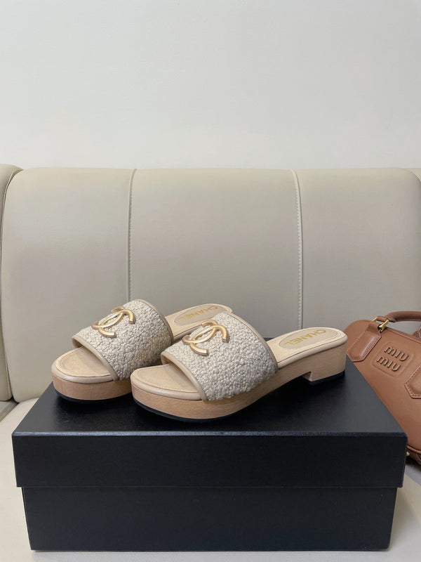 cc mule sandal 45 grey tweed beige calfskin