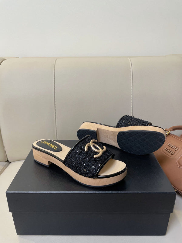 cc mule sandal 45 black tweed beige calfskin