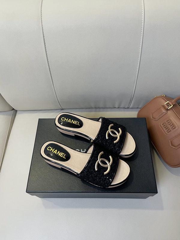 cc mule sandal 45 black tweed beige calfskin