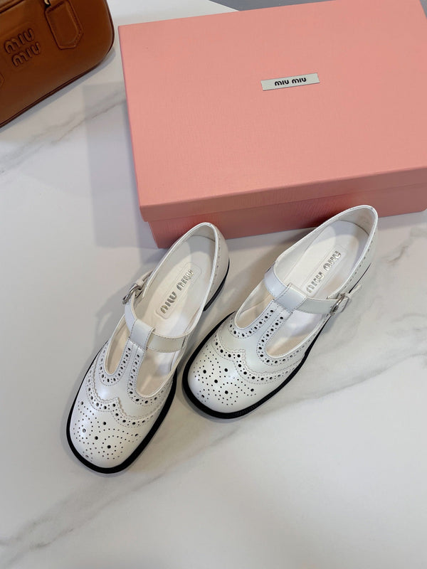 Miu Loafers T-Strap White Cowhide