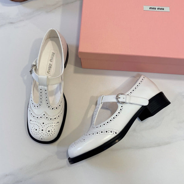 Miu Loafers T-Strap White Cowhide
