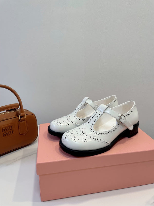 Miu Loafers T-Strap White Cowhide