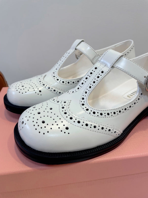 Miu Loafers T-Strap White Cowhide