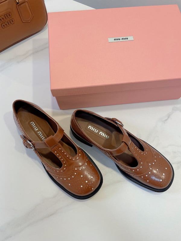Miu Loafers T-Strap Tabacco Color Cowhide