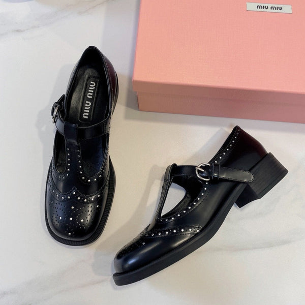 Miu Loafers T-Strap Black Cowhide