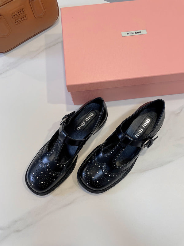 Miu Loafers T-Strap Black Cowhide