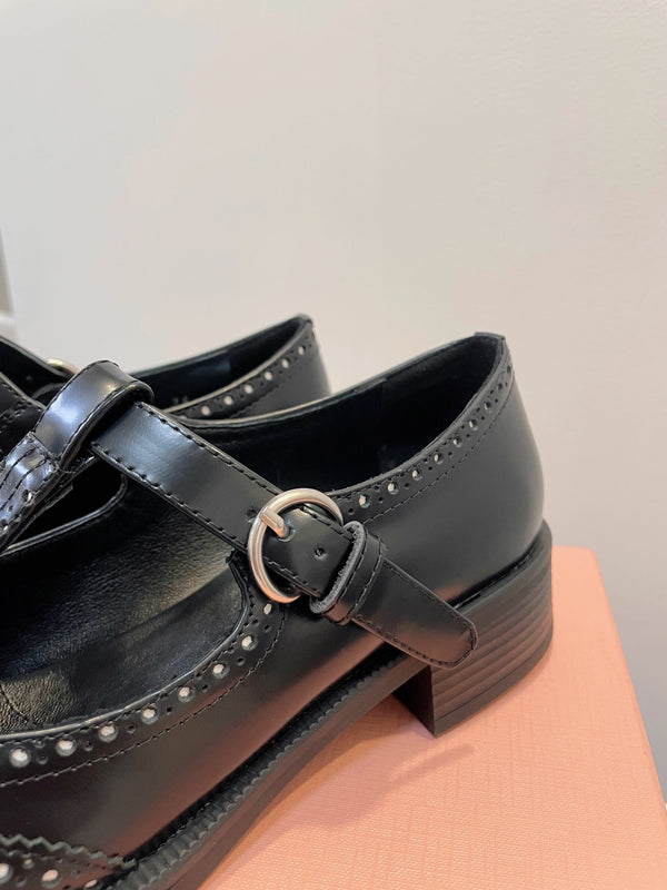 Miu Loafers T-Strap Black Cowhide