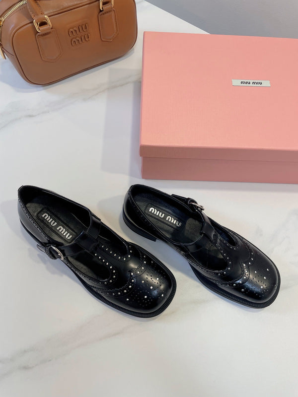 Miu Loafers T-Strap Black Cowhide