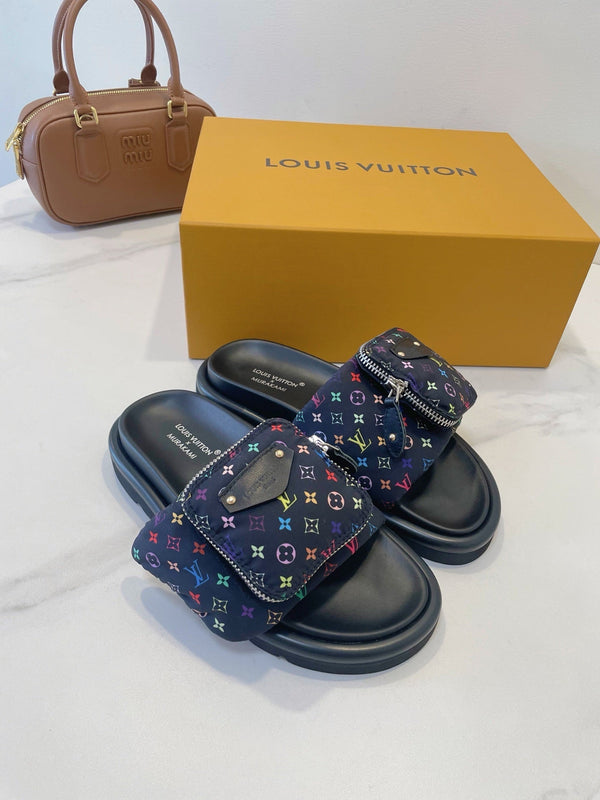 LV x TM Pool Pillow Flat Comfort Mule Black and Multicolored Monogram Nylon 241327