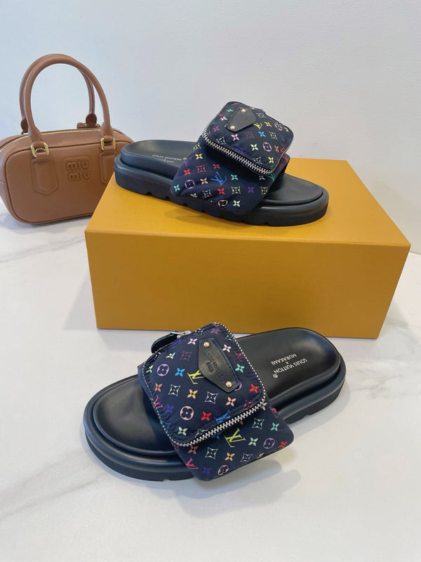LV x TM Pool Pillow Flat Comfort Mule Black and Multicolored Monogram Nylon 241327