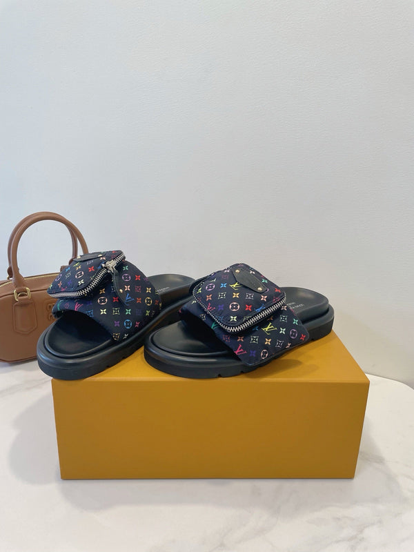LV x TM Pool Pillow Flat Comfort Mule Black and Multicolored Monogram Nylon 241327