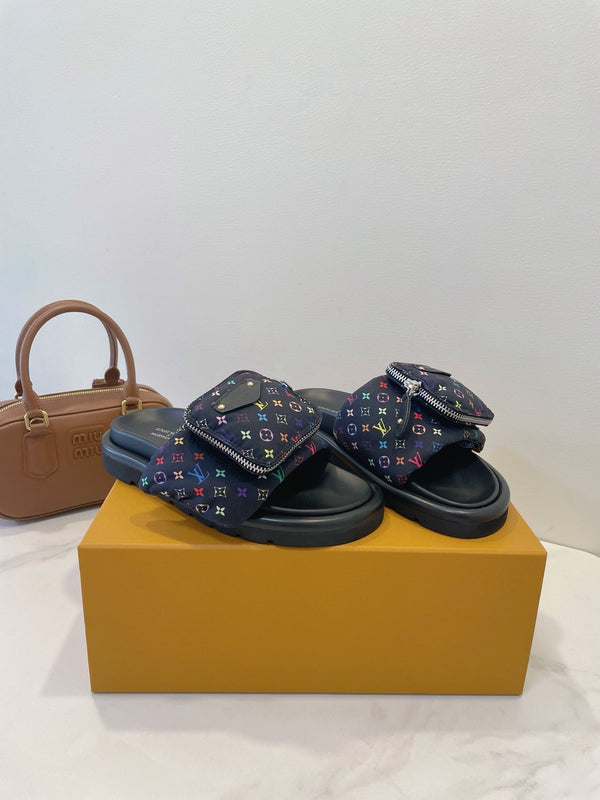 LV x TM Pool Pillow Flat Comfort Mule Black and Multicolored Monogram Nylon 241327
