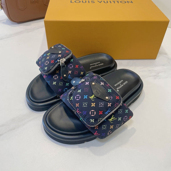 LV x TM Pool Pillow Flat Comfort Mule Black and Multicolored Monogram Nylon 241327