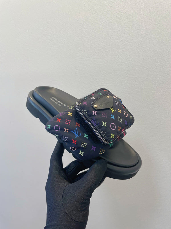 LV x TM Pool Pillow Flat Comfort Mule Black and Multicolored Monogram Nylon 241327