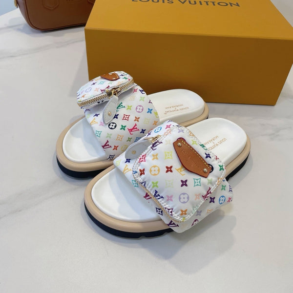 LV x TM Pool Pillow Flat Comfort Mule White and Multicolored Monogram Nylon 241328