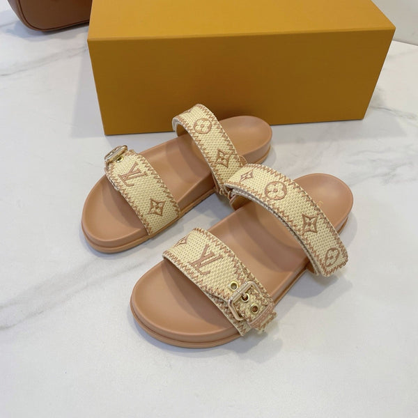 Bom Dia Flat Comfort Mule Beige Monogram Embossed Print Classic 241337