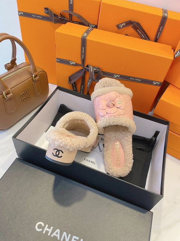 CC 25C Flower Slippers 50mm Pink Shearling Wood Sheepskin 423697