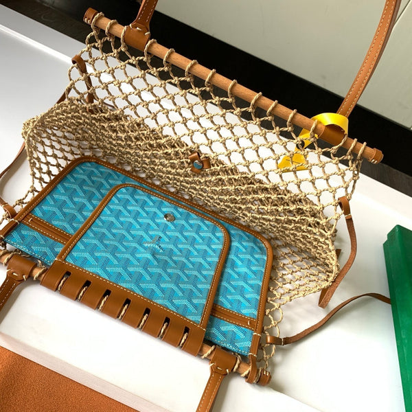 BORSA ALIGRE 40 IN RAFIA INTRECCIATA E PELLE DI VITELLO AZZURRO