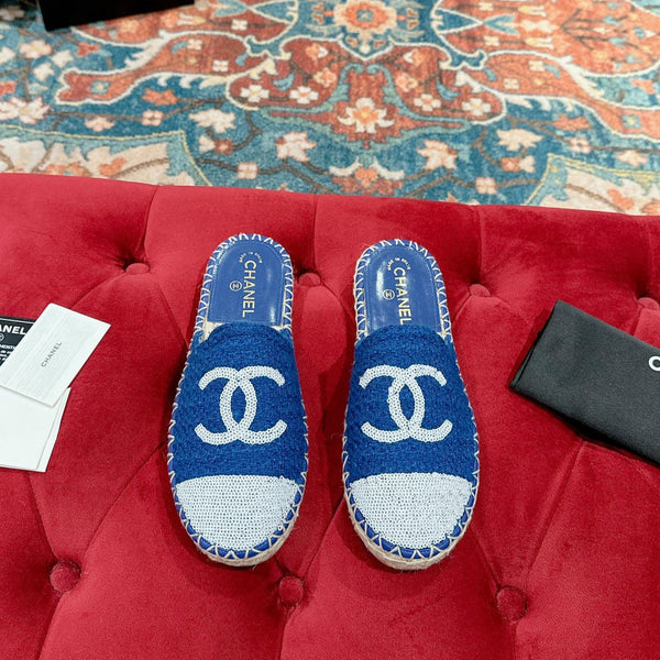 cc mule espadrillas blu tweed paillettes bianche