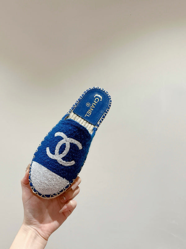 cc mule espadrillas blu tweed paillettes bianche