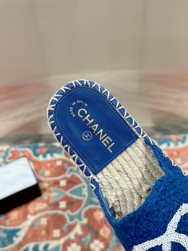 cc mule espadrillas blu tweed paillettes bianche