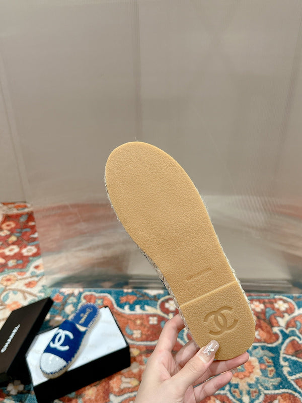 cc mule espadrillas blu tweed paillettes bianche