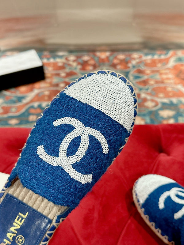 cc mule espadrillas blu tweed paillettes bianche