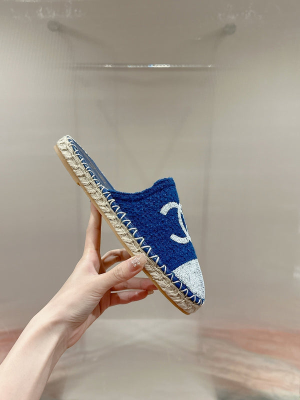 cc mule espadrillas blu tweed paillettes bianche