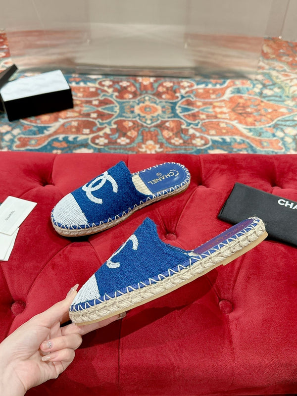 cc mule espadrillas blu tweed paillettes bianche