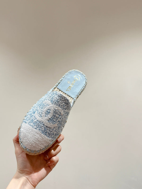 cc mule espadrillas tessuto blu nuvola paillettes bianche