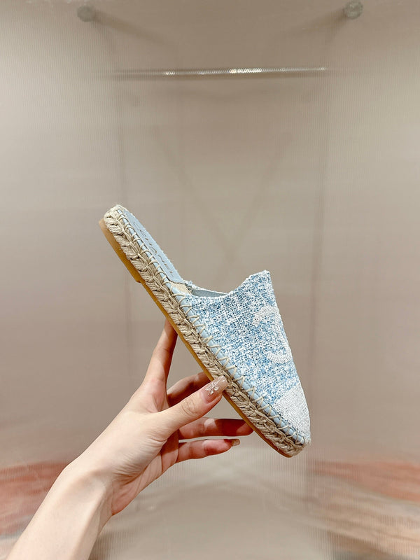 cc mule espadrillas tessuto blu nuvola paillettes bianche