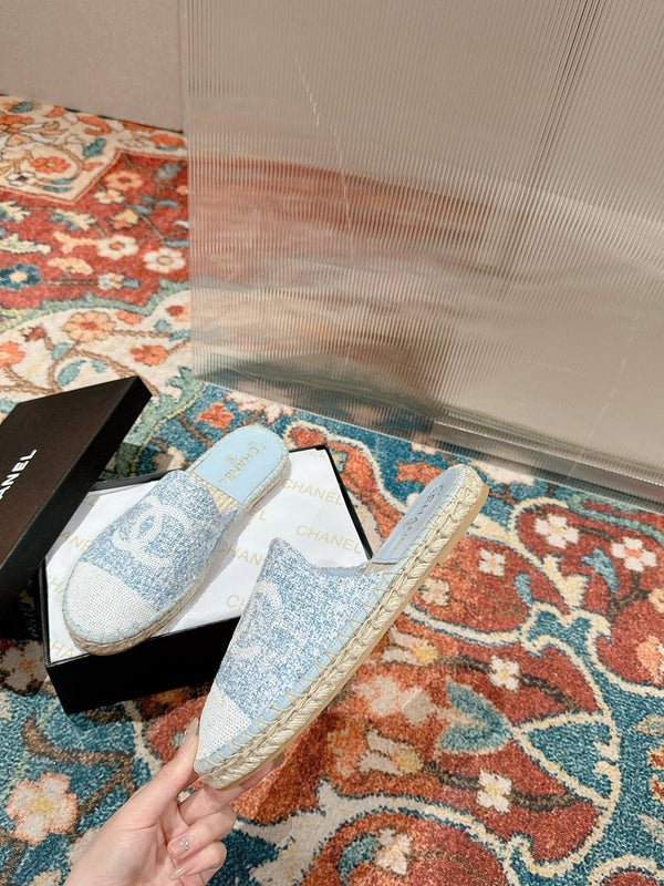 cc mule espadrillas tessuto blu nuvola paillettes bianche