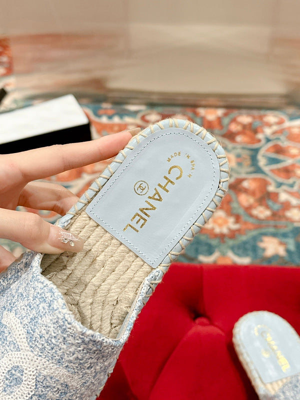 cc mule espadrillas tessuto blu nuvola paillettes bianche