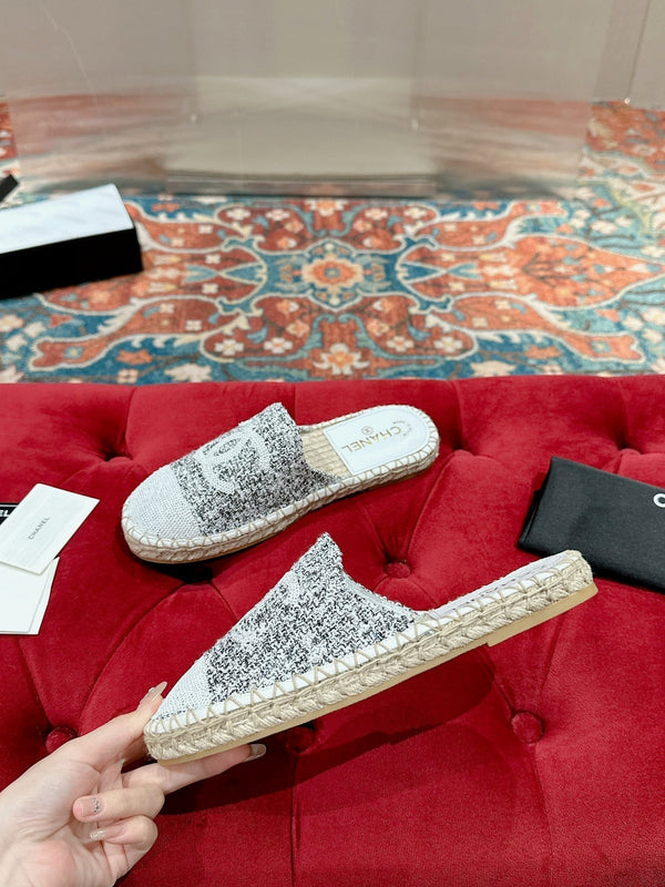cc espadrillas mule tessuto grigio paillettes bianche