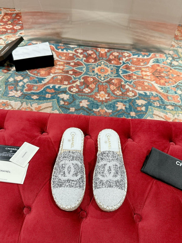 cc espadrillas mule tessuto grigio paillettes bianche