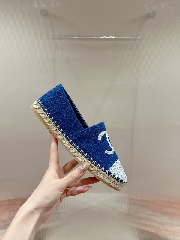 espadrillas cc blu cotone tweed paillettes bianche