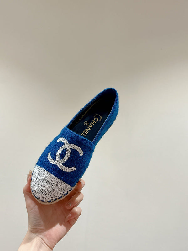 espadrillas cc blu cotone tweed paillettes bianche