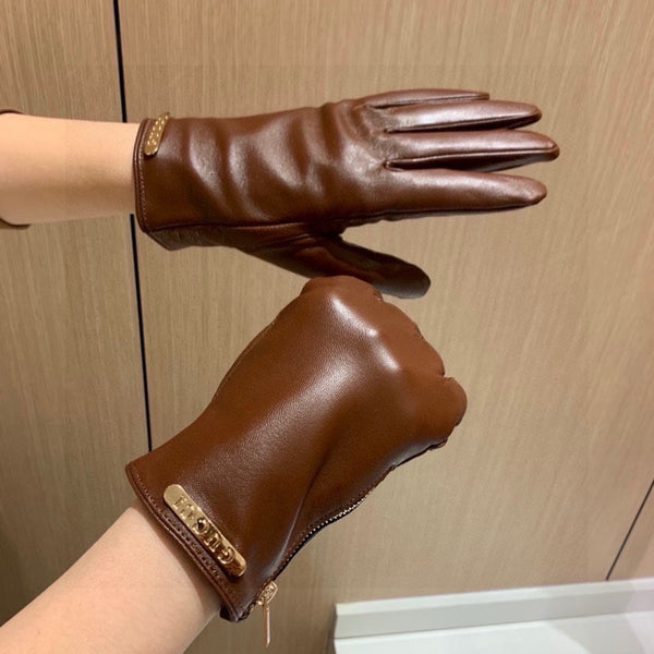 TOUCHSCREEN GLOVES WITH SIDE ZIPPER IN CARAMEL BROWN LAMBSKIN 456310