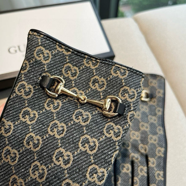 GUANTI HORSEBIT IN TESSUTO JACQUARD MONOGRAM BLU PIETRA MIX PELLE DI MONTONE NERA 456333