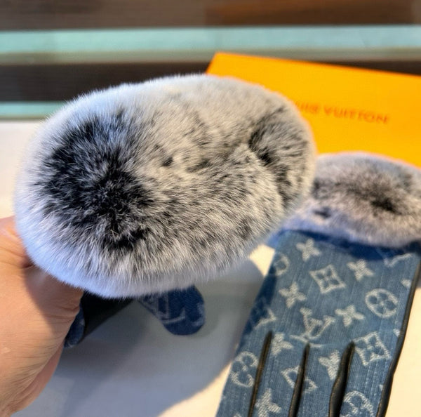 GUANTI SENZA DITA IN DENIM MONOGRAM BLU ELETTRICO E PELLE DI AGNELLO CON PELLICCIA DI CONIGLIO 458591